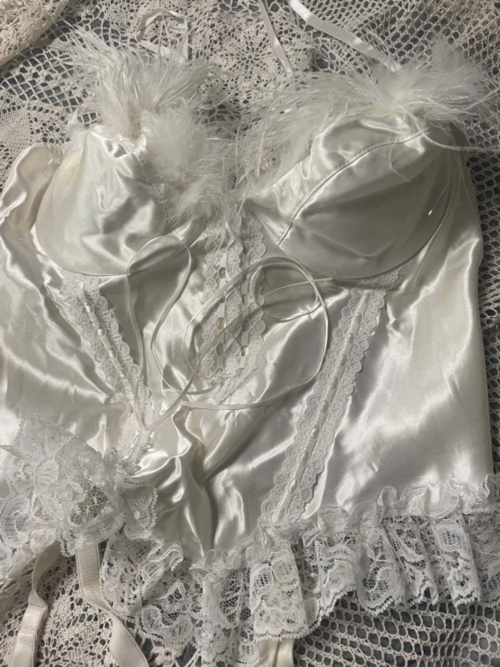 Frederick's of Hollywood Ivory Satin Feather-Trim Corset